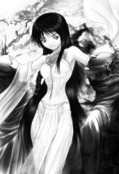  detached detached_sleeves dress explode injury long_hair lowres monochrome s_zenith_lee sleeves 