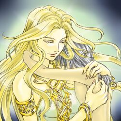  1boy armband bare_shoulders blonde_hair bracelet cosmos_(dff) couple dissidia_final_fantasy dress female female final_fantasy grey_hair hanataro jewelry long_hair male very_long_hair warrior_of_light 