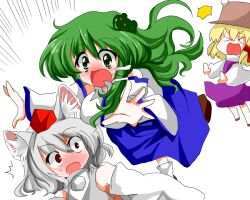  &gt;_&lt; bad_id bad_pixiv_id banned_artist blonde_hair blush breasts closed_eyes detached_sleeves green_eyes green_hair hat inubashiri_momiji kochiya_sanae large_breasts long_hair moriya_suwako multiple_girls mushimaro red_eyes short_hair silver_hair tokin_hat touhou 