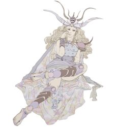  blonde_hair cape crossed_legs female female final_fantasy final_fantasy_ii full_body headdress hilda_(ff2) legs_crossed long_hair pale_color princess_hilda rika_(artist) sandals shoulder_pads simple_background sitting solo white_background 