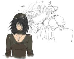  armor black_hair breasts choker cleavage demon&#039;s_souls dress female from_software helmet jewelry knight maiden_in_black necklace oda_non shield short_hair souls_(from_software) sword weapon 