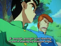  black_hair english kuwabara_kazuma orange_hair outside school_uniform screenshot subtitled urameshi_yusuke urameshi_yuusuke yu_yu_hakusho 