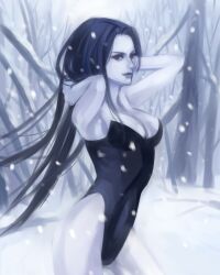  arms_behind_head bare_arms bare_shoulders black_hair breasts cleavage colored_skin female final_fantasy final_fantasy_vii kareji large_breasts long_hair lowres one-piece_swimsuit pulling_own_hair red_eyes snow snow_(ff7) snowing solo swimsuit tree very_long_hair white_skin 