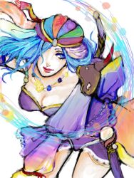  bandana bandana blue_eyes blue_hair breasts cleavage female female final_fantasy final_fantasy_ii hair_over_one_eye jewelry k_ta leila long_hair necklace shoulder_pads solo white_background 