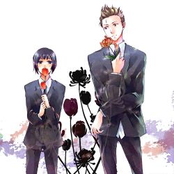  2boys axis_powers_hetalia black_hair blonde_hair flower flowers formal holland_(hetalia) japan_(hetalia) male male_focus multiple_boys netherlands_(hetalia) scar suit 