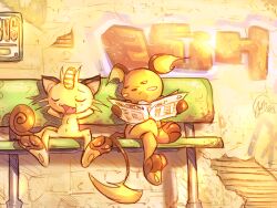  animal_ears barefoot bench crossed_legs edtropolis feet legs_crossed meowth newspaper nude outdoors outside pawpads paws pokemon raichu sitting soles tail zenra 