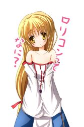  arc_the_lad arc_the_lad_ii bare_shoulders blonde_hair blush dress female female flat_chest highres lieza long_hair mille red_ribbon ribbon solo white_background yellow_eyes 