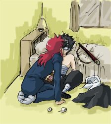  2boys bandage bandages bed black_hair hiei kissing kurama long_hair male male_focus mugi-pjm multiple_boys red_hair red_hair sarashi short_hair spiked_hair surprise surprised sword topless weapon yaoi yu_yu_hakusho yuu_yuu_hakusho 