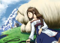  arc_the_lad arc_the_lad_ii bare_shoulders brown_hair canine closed_eyes cojibou female grass house lieza long_hair lying mountain sleeping whip 