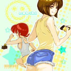  2girls ass bad_id bad_pixiv_id bandana barefoot bob_cut braid breasts brown_eyes camera chasing cutoffs denim denim_shorts disposable_camera genderswap_(mtf) light_smile looking_back medium_breasts multiple_girls p-chan photoshop_(medium) pig piglet ranma-chan ranma_1/2 red_hair rule_63 running short_hair shorts sideboob single_braid star_(symbol) tank_top tendou_nabiki unicornlove 