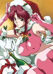  alcohol armpits bell blue_eyes bottle breasts christmas cirima crop_top elbow_gloves erect_nipples female flay_allster fur gift gloves gradient gradient_background gundam gundam_seed hat large_breasts midriff pink pink_legwear pink_thighhighs red_hair red_hair sack santa_costume santa_hat sitting solo thighhighs volvox wine 