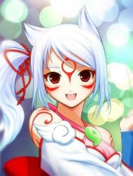  amaterasu animal_ears artist_request magatama oerba_yun_fang okami okami ookami personification red_eyes side_ponytail side_tail smile tattoo white_hair 