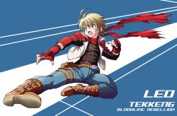  1other ahoge androgynous belt blonde_hair blue_eyes boots character_name commentary_request copyright_name fingerless_gloves flying_kick gloves jacket kicking leo_kliesen masamurai open_mouth painttool_sai_(medium) scarf short_hair tekken tekken_6 