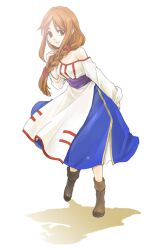  arc_the_lad arc_the_lad_ii bare_shoulders boots braid breasts brown_eyes brown_hair cleavage commentary_request dress female full_body lieza_(arc_the_lad) long_hair looking_at_viewer single_braid smile solo tobira white_background 