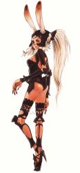  animal_ears ass breasts bunny_ears dark-skinned_female dark_skin dark_skinned_female detached_sleeves female female final_fantasy final_fantasy_xii fran full_body high_heels long_hair long_legs looking_back mugenai ponytail red_eyes shoes simple_background solo thigh-highs thighhighs viera white_background white_hair 