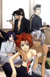  5boys blue_hair brown_eyes brown_hair carp fish hijikata_toshizo_(peace_maker_kurogane) hijitaka_toshizo ichimura_tetsunosuke japanese_clothes kimono kitamura_suzu koi long_hair male male_focus multiple_boys okita_souji okita_souji_(peace_maker_kurogane) peace_maker_kurogane red_eyes red_hair red_hair samurai tetsunosuke_ichimura white_hair yamazaki_susumu yamazaki_susumu_(peace_maker_kurogane) 