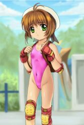  backpack brown_hair card_captor_sakura elbow_pads gloves green_eyes hat highleg highleg_swimsuit kinomoto_sakura knee_pads moonknives mutsuki_(moonknives) navel one-piece photoshop short_hair skin_tight swimsuit 