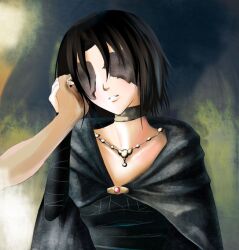  black_hair cape choker demon&#039;s_souls dress female from_software hand_holding holding_hands jewelry kasaiji maiden_in_black necklace short_hair souls_(from_software) 