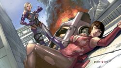  2girls anna_williams blonde_hair breasts brown_hair cleavage defeated large_breasts multiple_girls nina_williams ponytail siblings sisters tekken 