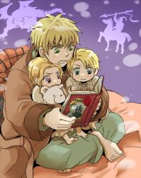  3boys ahoge america_(hetalia) axis_powers_hetalia bare_feet barefoot bathrobe bear bed blonde_hair blue_eyes blush book brothers canada_(hetalia) clenched_hand crossed_legs feet fist green_eyes kumajirou_(hetalia) legs_crossed lolicon male male_focus multiple_boys pajamas pillow purple_eyes robe scared siblings sitting united_kingdom_(hetalia) violet_eyes young younger 