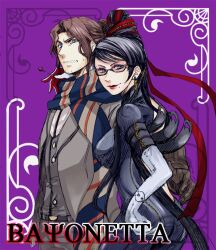  1boy arm_around_shoulder bayonetta bayonetta_(series) black_hair bodysuit brown_hair candy commentary_request female food glasses lollipop long_hair luka_redgrave mole mole_under_mouth ribbon scarf setana_(529847) skin_tight smile 