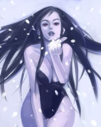  bare_shoulders blue_hair blue_lips blue_skin breasts cleavage female female final_fantasy final_fantasy_vii kareji leaning_forward leotard long_hair lowres monster_girl red_eyes snow snow_(ff7) solo 