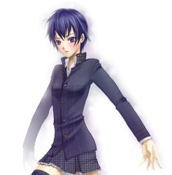  atlus blue_eyes blue_hair blush female female mai_(pixiv282116) miniskirt ouka_mai persona persona_4 school_uniform shirogane_naoto short_hair simple_background skirt solo thigh-highs thighhighs uniform white_background 