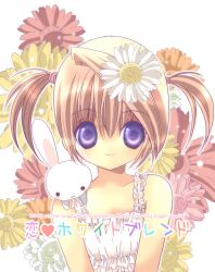  bad_id bad_pixiv_id bare_shoulders blonde_hair daisy female flower frills gathers hair_flower hair_ornament koge_donbo light_particles light_smile original purple_eyes rabbit short_twintails smile solo twintails 