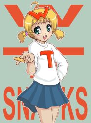  4chan blonde_hair character_name clothed female female green_eyes skirt solo sweater twintails twintails wt_snacks 