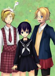  /\/\/\ 3boys ahoge america_(hetalia) axis_powers_hetalia black_hair blonde_hair blue_eyes crossdressing ghost headband japan_(hetalia) jumper leggings male male_focus multiple_boys plaid school_uniform serafuku short_twintails skirt tartan trap twintails uniform united_kingdom_(hetalia) 