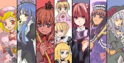  beatrice blonde_hair blue_hair book brown_hair crown dress eva_beatrice frederica_bernkastel lambdadelta red_eyes smile staff umineko_no_naku_koro_ni ushiromiya_ange ushiromiya_maria virgilia wink 