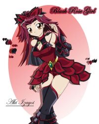  akiza akiza_izinski belt black_rose_dragon brown_eyes dress earrings flower izayoi_aki jewelry necklace petals red_hair red_hair rose yu-gi-oh! yugioh_5d&#039;s yuu-gi-ou_5d&#039;s 