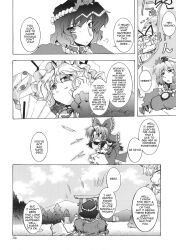  blush doujinshi greyscale hakurei_reimu hard_translated highres monochrome moriya_suwako multiple_girls takana_shinno touhou translated yakumo_yukari yasaka_kanako 