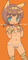  2010 :o animal_ears animal_print armband artist_name bad_id bad_pixiv_id bangs bikini blade_(galaxist) blush body_writing brown_hair chinese_zodiac choker covered_nipples cowboy_shot dark_skin dated facial_mark flat_chest fur_trim gloves green_eyes groin hairband hands_on_own_chest looking_at_viewer lowleg lowleg_bikini navel new_year oerba_yun_fang open_mouth orange_background original ponytail print_legwear short_hair short_ponytail simple_background solo standing swimsuit thighhighs tiger_print year_of_the_tiger yellow_bikini yellow_gloves yellow_legwear 