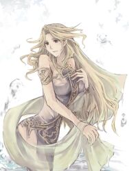  armband bare_shoulders blonde_hair blue_eyes breasts cosmos_(dff) dissidia_final_fantasy dress female female final_fantasy kannkunn long_hair solo tiara very_long_hair white_background 