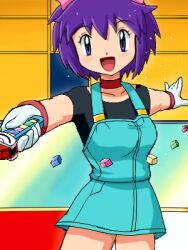  aliasing blue_eyes female gloves happy indoors kanata_(pokemon) looking_at_viewer lowres open_mouth pokeblock pokemoa pokemon purple_hair short_hair smile soara solo 