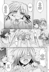  doujinshi greyscale hard_translated highres kochiya_sanae monochrome moriya_suwako multiple_girls takana_shinno touhou translated yasaka_kanako 