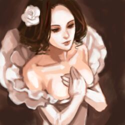  bare_shoulders breasts brown_eyes brown_hair cleavage dress female female flower kareji long_hair lowres princess_white_rose saga saga_frontier solo 