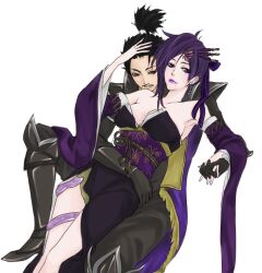  1boy armor armpits bare_shoulders beauty_mark black_eyes black_hair couple detached_sleeves dress earrings facial_hair female female gloves hair_ornament jewelry male mole moustache nail_polish nouhime oda_nobunaga purple_eyes purple_hair purple_lips ryo_(pixiv966497) sengoku_musou sengoku_musou_3 strapless strapless_dress violet_eyes 