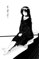  akahito_(artist) barefoot black_hair cape choker demon&#039;s_souls dress feet female female from_software full_body jewelry long_hair maiden_in_black monochrome necklace sitting solo souls_(from_software) staff stairs 