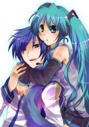  blue_eyes blue_hair couple elbow_gloves female gloves green_eyes green_hair hatsune_miku headphones headset hug hug_from_behind kaito kurohara_yuu long_hair short_hair straight twintails vocaloid 