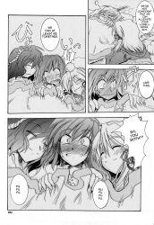  doujinshi greyscale hard_translated highres kochiya_sanae monochrome moriya_suwako multiple_girls takana_shinno touhou translated yasaka_kanako 