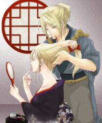  1boy blonde_hair blue_eyes comb earrings female female gensou_suikoden gensou_suikoden_i japanese_clothes jewelry kimberley kimono long_hair makeup male mirror ryousibu short_hair suikoden suikoden_i yam_koo 