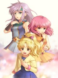  3girls bare_shoulders belt blonde_hair bracelet choker dress en_la_festa faris_scherwiz female final_fantasy final_fantasy_5 girl jacket jewelry krile_mayer_baldesion lenna_charlotte_tycoon long_hair miniskirt multiple_girls open_mouth pink_hair ponytail purple_hair short_hair skirt 