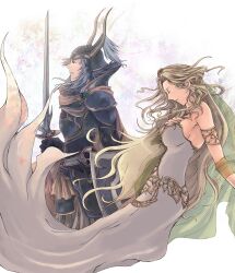  1boy armband armor bare_shoulders blonde_hair cape closed_eyes cosmos_(dff) couple dissidia_final_fantasy dress female female final_fantasy grey_hair helmet highres kannkunn long_hair male short_hair sword very_long_hair warrior_of_light weapon 