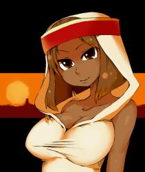  bare_shoulders big_breasts breasts brown_eyes brown_hair cleavage dark-skinned_female dark_skin dark_skinned_female female female final_fantasy final_fantasy_tactics headband hood large_breasts narutaki_(kurokabe) outdoors rapha_galthena short_hair sky solo 