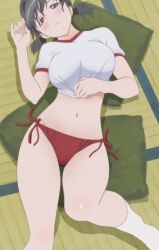  bikini bikini_bottom black_hair bloomers erect_nipples excited hot irresistible kanokon minamoto_chizuru naughty_face on_floor perfection sexy side-tie_bikini sports_uniform sportswear swimsuit takami_akio thighs 