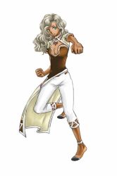  anne_(suikoden) blonde_hair breasts cleavage dark-skinned_female dark_skin dark_skinned_female female female full_body gensou_suikoden gensou_suikoden_iii green_eyes kisato long_hair simple_background solo suikoden suikoden_iii white_background 