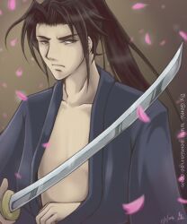  brown_eyes brown_hair cherry_blossoms hijikata_toshizo_(peace_maker_kurogane) hijitaka_toshizo japanese_clothes katana kimono long_hair male male_focus peace_maker_kurogane ponytail samurai sword weapon 