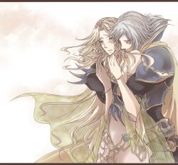  1boy armband armor bare_shoulders blonde_hair bracelet cape closed_eyes cosmos_(dff) couple dissidia_final_fantasy dress female female final_fantasy grey_eyes grey_hair hug jewelry kannkunn long_hair male short_hair tears very_long_hair warrior_of_light 